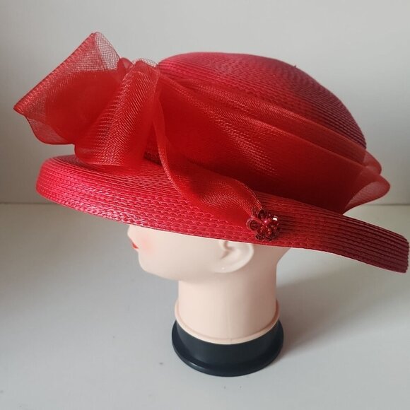 Elegant High Tea Fascinator Church Hat Red Bow - Picture 3 of 3